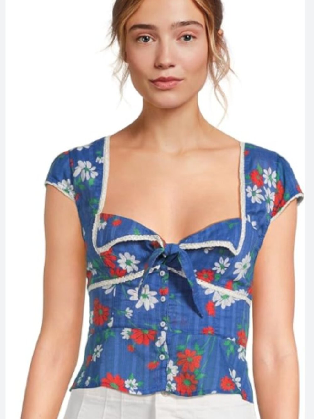 FREE PEOPLE Baby Blouse size L NWOT adorable floral blue smocked top